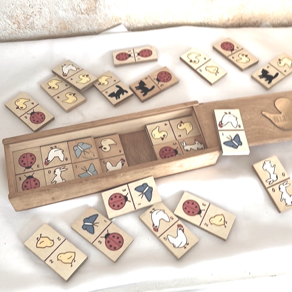 Vintage Wooden Nursery Decor Folk Art Dominoes Memory Game Set Crafts Kitten